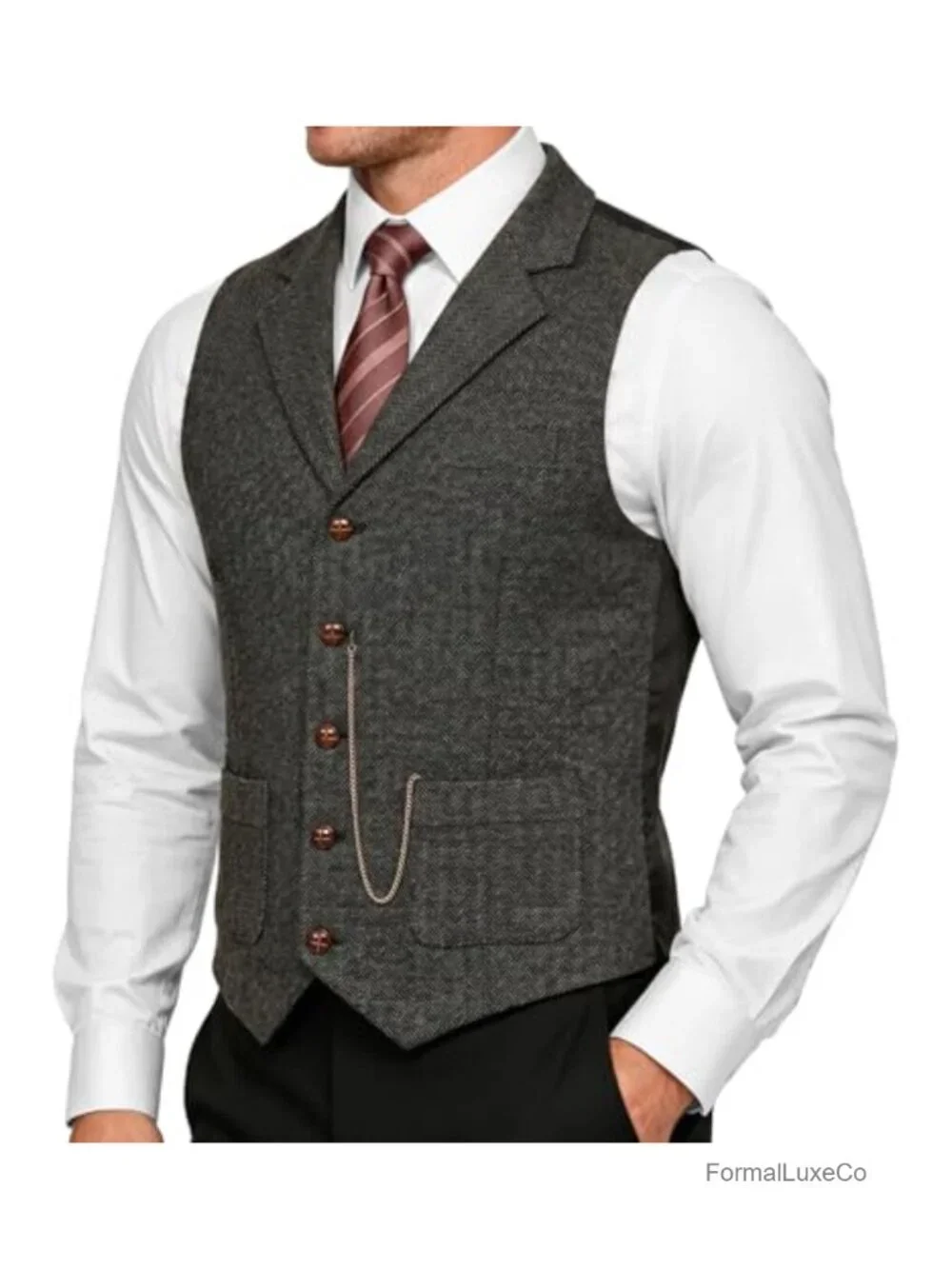 Mens Herringbone Vest Formal Waistcoat Slim Fit Wedding Party